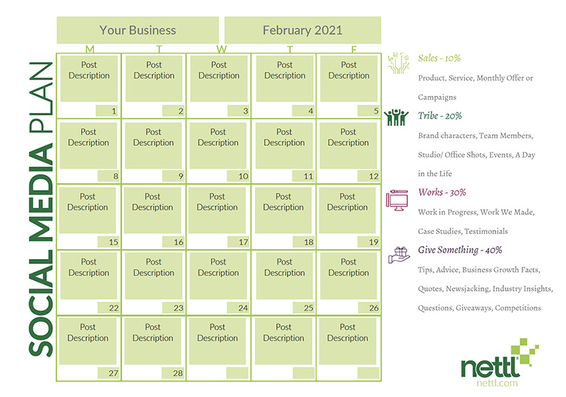 social media calendar template with dates and sample posts