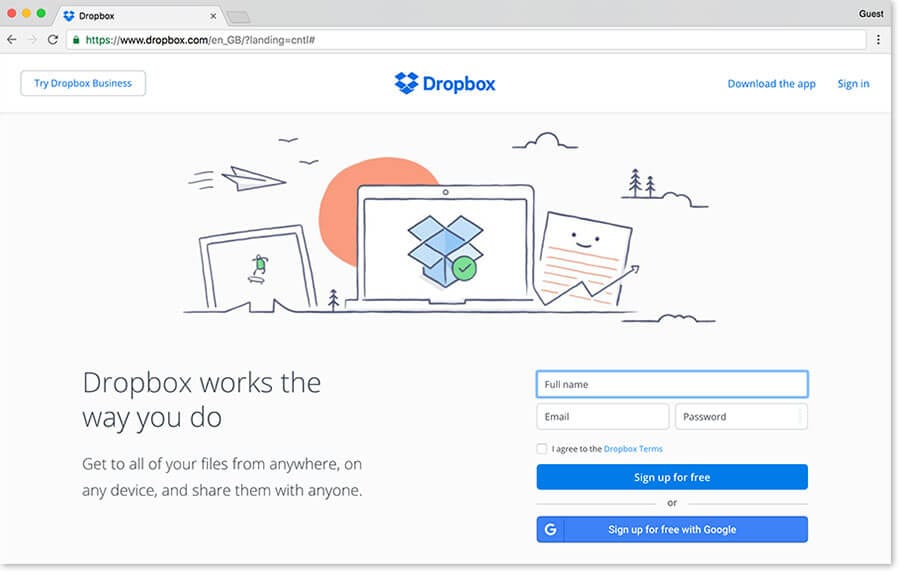 dropbox website homepage landing page example