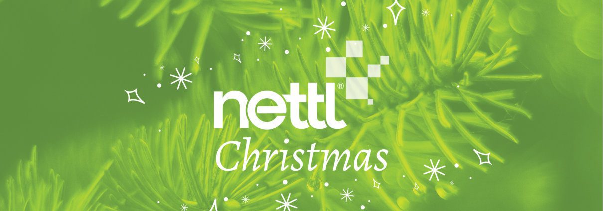 Nettl Christmas header, green overlay pine trees with christmas illustrations