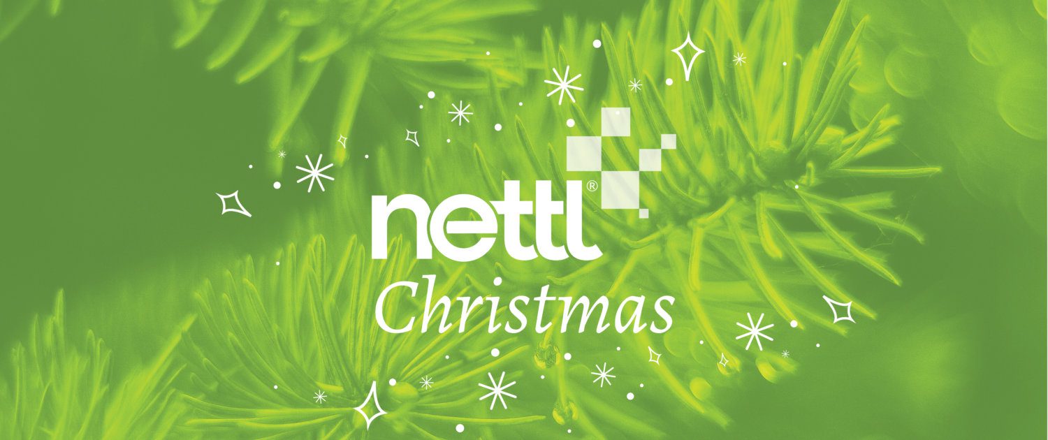 Nettl Christmas header, green overlay pine trees with christmas illustrations