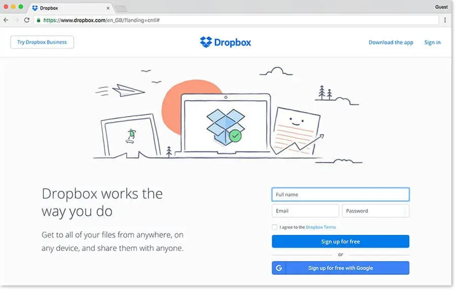 dropbox website homepage landing page example