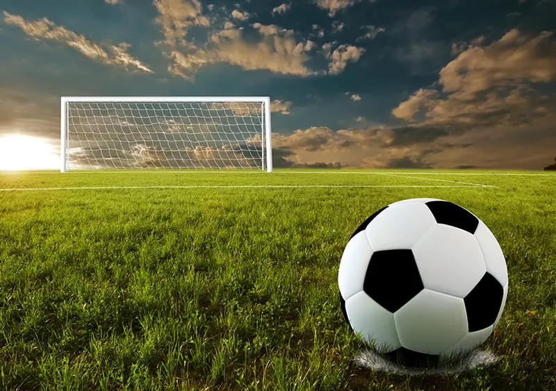 Close up on football on pitch with goal