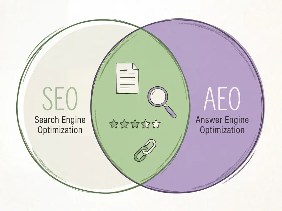 oodles-1786-seo-and-aeo-venn-diagram-search-900 there is overlap between best practices for both AEO and SEO