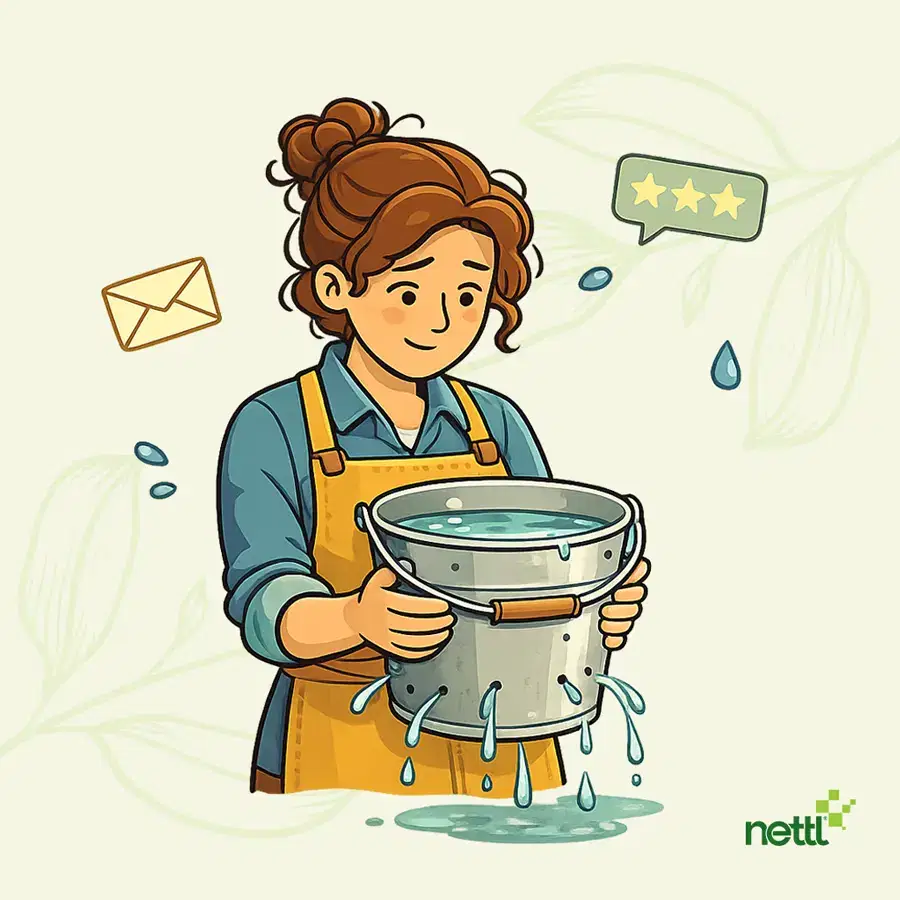 Leaky-buckets-square-900 leaky bucket metaphor to explain how businesses must continue to market to existing clients, or risk losing them