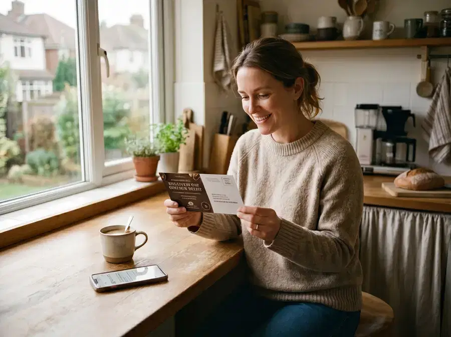 happy-woman-reading-mail-900 customer reading direct mail marketing