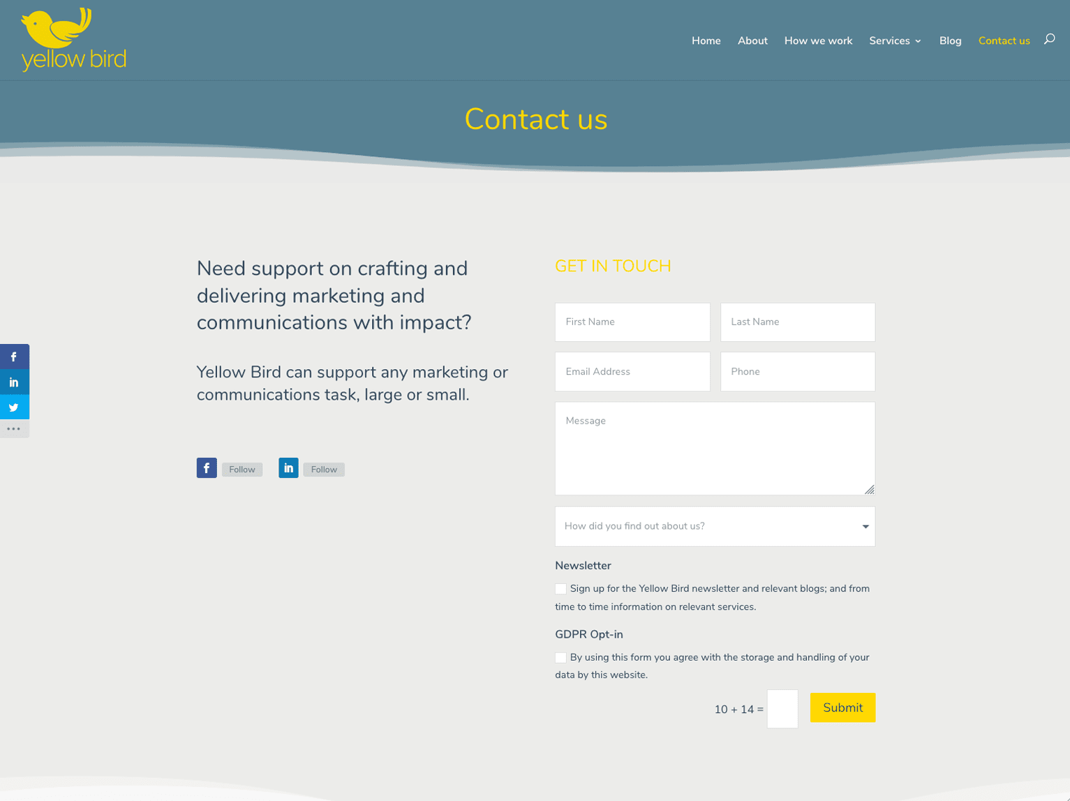 Yellow Bird Marketing and Communications Contact Page