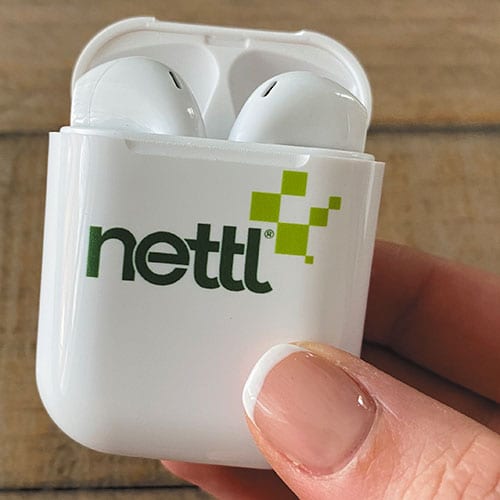 Branded white earbuds