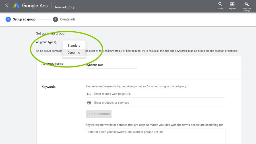 google dynamic search ads setup step 1