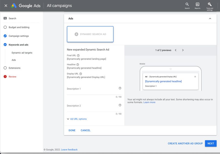 google dynamic search ads setup step 3