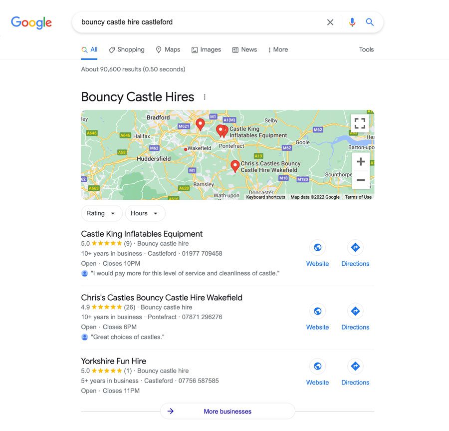 local google seo search results for bouncy castles