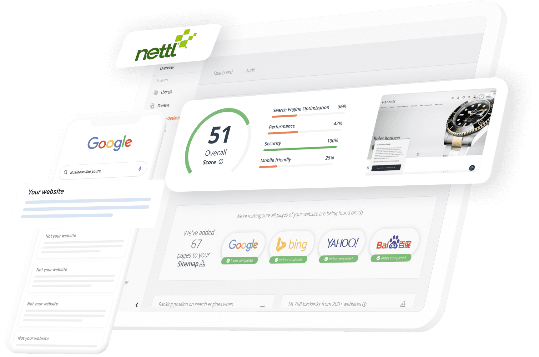 SEO optimiser and other website performance indicators displayed on a tablet