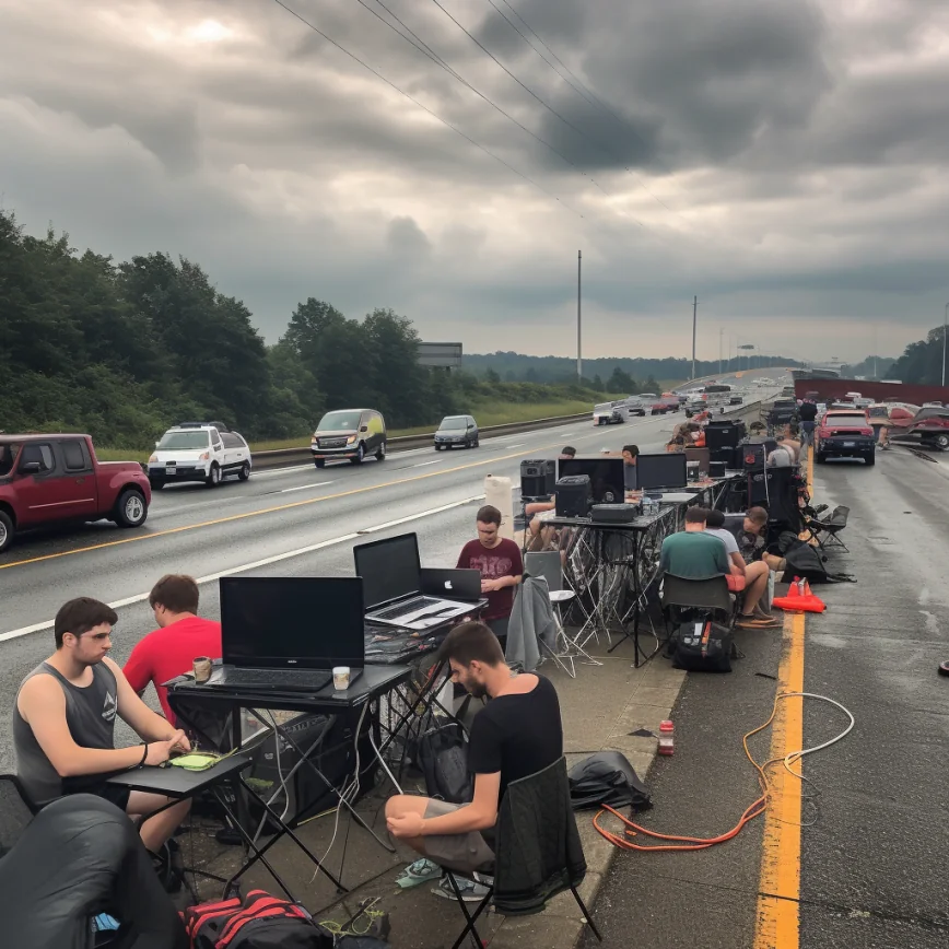 AI generated image of a LAN party in the middle of a highway