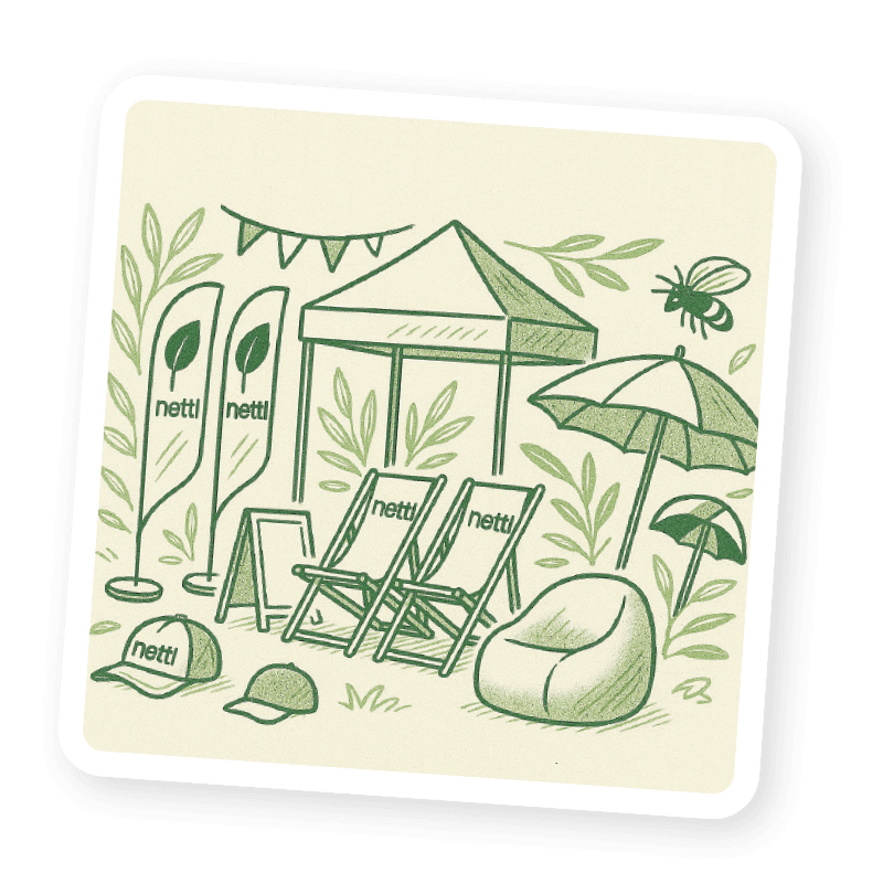 Sketched illustration of a group of outdoor products. gazebo, flags etc