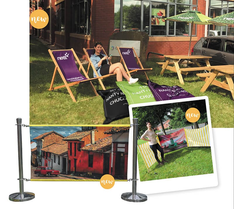 printed deck chairs cafe barriers windbreaks